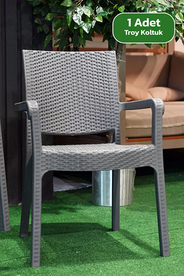 Alezy Troy Rattan Desenli Koltuk Kollu Balkon Bahçe Koltuğu